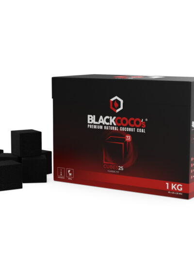 Cutie cărbuni Blackcoco’s CUBES25 de 25 mm, 1 kg, 72 de bucăți, cu cuburi alături